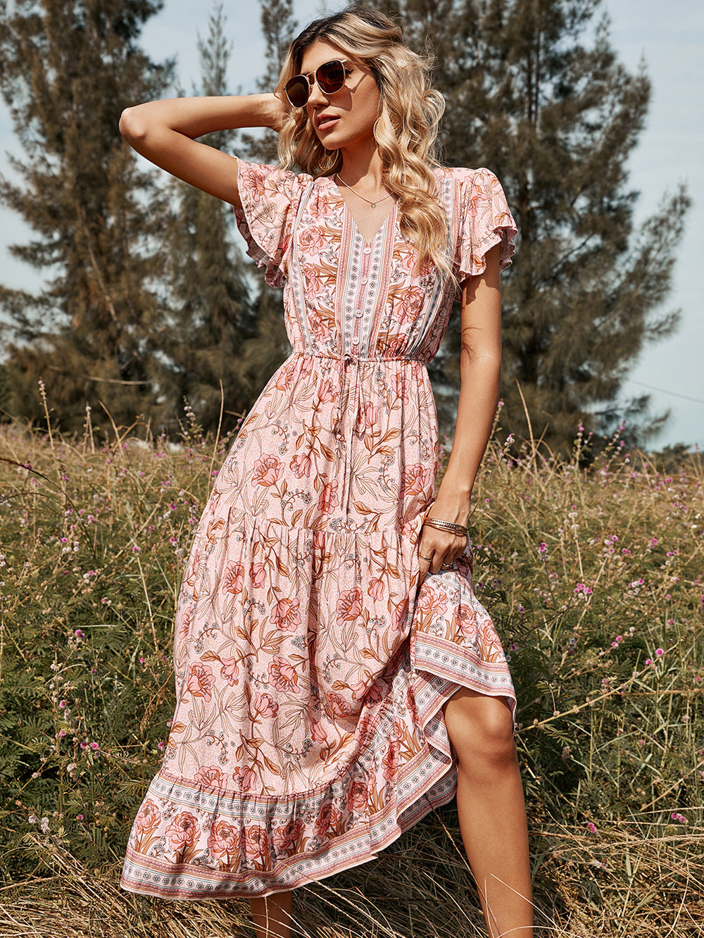 Floral Flutter Sleeve Tiered Midi Dress ...